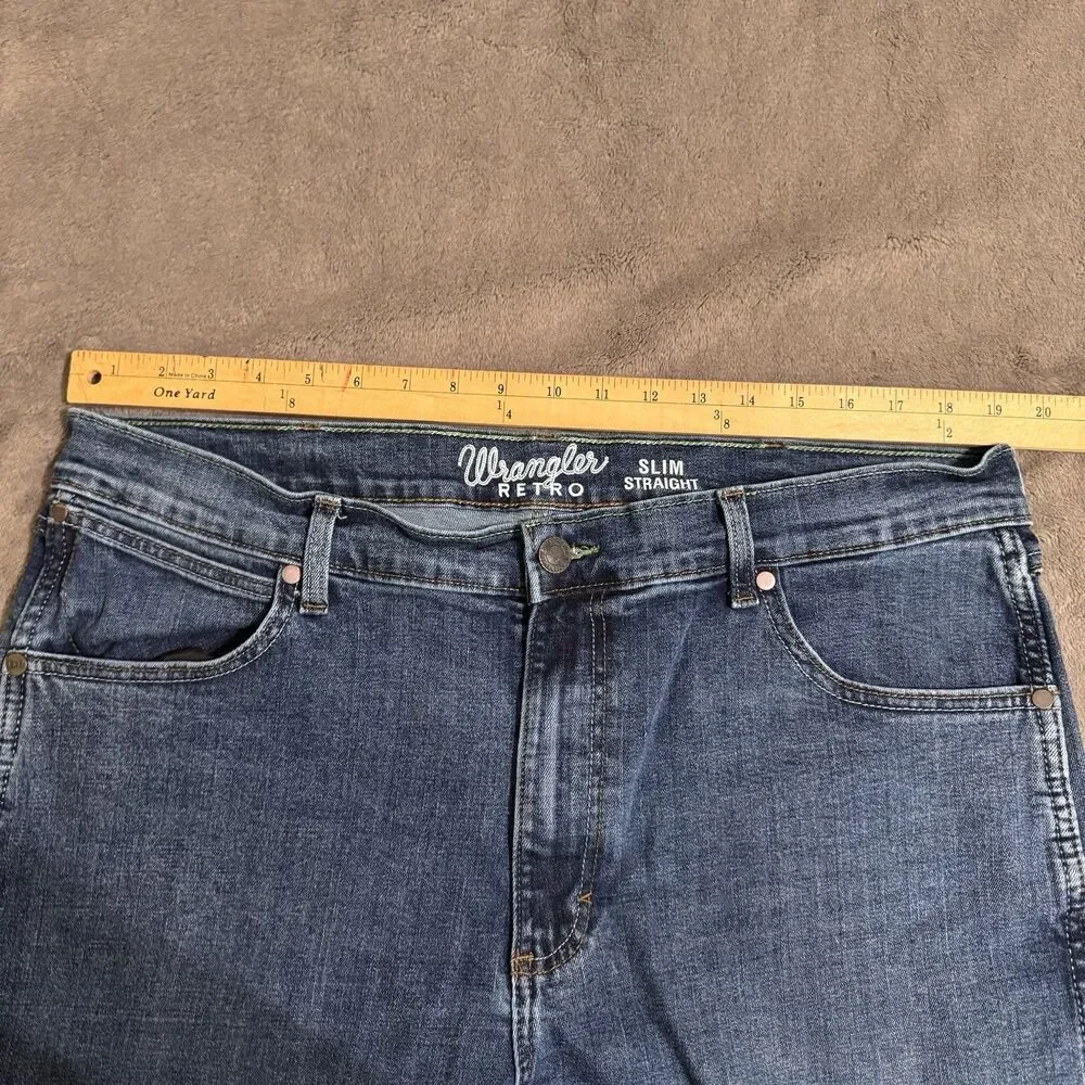 Wrangler Retro Slim Straight Jeans Mens 38 x 36 Dark Wash Denim - Picture 6 of 7